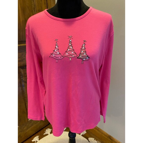 M & C Sportswear T Shirt Bright Pink Size XL Christmas Tree Long Sleeve Holiday - Picture 2 of 9